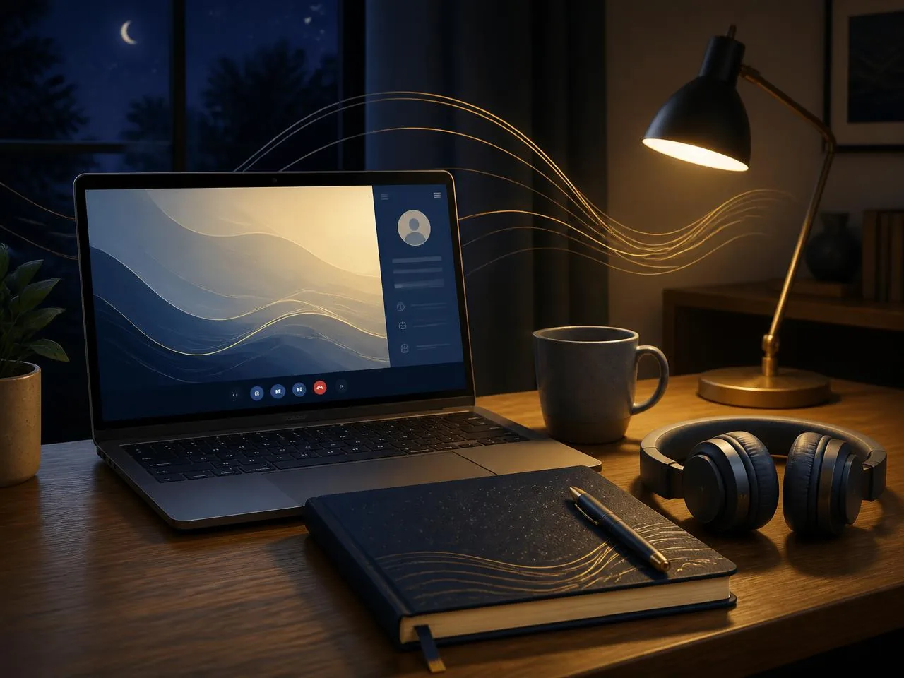 A quiet desk at night with a laptop showing an online session, a navy sleep journal, pen and headphones