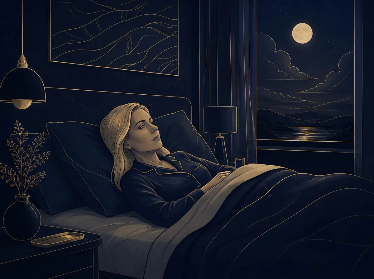 A person lying awake in bed at night, looking toward a moonlit window